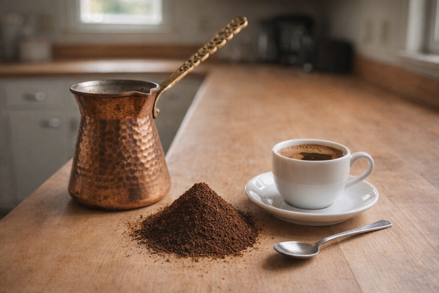 A side-angle shot of a copper cezve, a small pile of finely ground Turkish coffee, a demitasse cup, and a small spoon arranged on a wooden surface, natural lighting